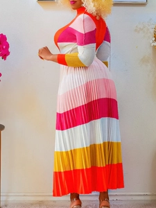 Colorful pleated maxi dress with long sleeves and vibrant horizontal stripes print