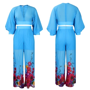 Detail of blue chiffon V-neck top and floral wide-leg pants set showing front and back view