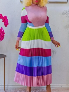 Colorful striped long sleeve pleated maxi dress with mock neck and vibrant rainbow pattern