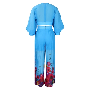 Rear view detail of sky blue long sleeve crop top and high-waist floral wide-leg pants