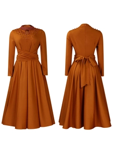 Front and back view of caramel maxi dress with beaded turtleneck and pleated waist detail