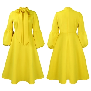Detailed front and back view of elegant yellow lantern sleeve bow-knot high waist dress