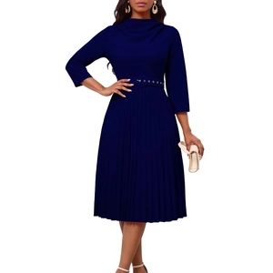 Detail of elegant pleated dark blue midi dress with cowl neck and matching belted waist