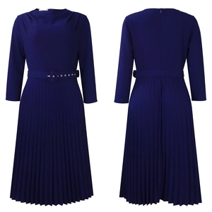 Detail of navy long sleeve pleated dress featuring an elegant round neck and matching belt