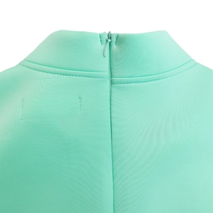 Detail of mint green dress featuring high collar and hidden zipper closure at the back