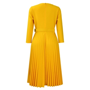 Detailed back view of a pleated yellow maxi dress featuring long sleeves and waist belt