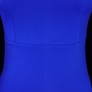 Detail of the high-density royal blue knit fabric with precise seam craftsmanship