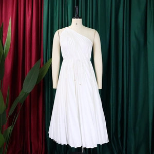 Detail of white one-shoulder pleated dress with drawstring waist on mannequin