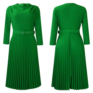 Detail of elegant bright green pleated midi dress with matching belt and draped neckline