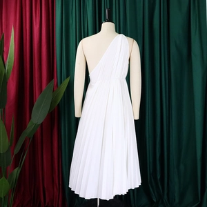 Detail of elegant one-shoulder pleated white midi dress with Greek goddess drape style