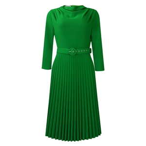 Detail of emerald green pleated dress with matching belted waist and long sleeves