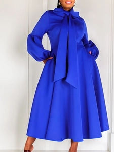 Elegant Solid Color Puff Sleeve Dress For Women High Waist Bow Tie Banquet Midi Dress With Large Swing Hem Polyester Apparel