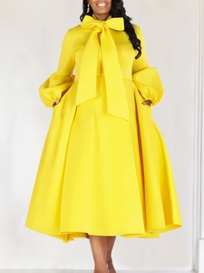 Elegant bright yellow puff sleeve midi dress with oversized bow collar and full skirt