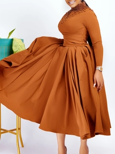 Women's Elegant High Neck Beaded Maxi Dress Long Sleeve Pleated Banquet Party Gown African Style Slim Waist Swing Dress