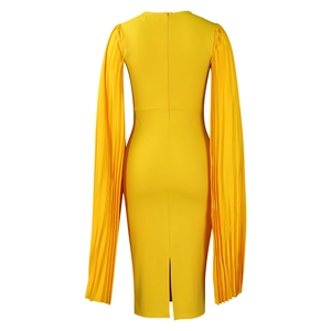 Rear view of yellow slim dress featuring pleated long sleeves and hidden back zipper