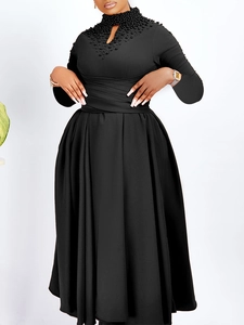Elegant black high-neck maxi dress with pearl beads and pleated skirt for women