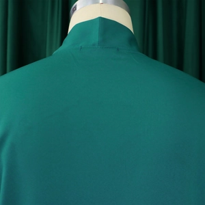 Detail of mandarin collar and back seam on dark green woven fabric dress