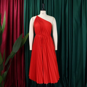 Detail of red one-shoulder pleated dress featuring a drawstring waist and midi hemline