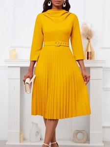 Elegant Women's Pleated Midi Dress Mock Neck 3/4 Sleeve Solid Color Belted Polyester A-Line Dress For Office Banquet Party
