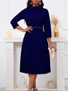 Elegant navy blue pleated midi dress with mock neck and matching belted waist for women
