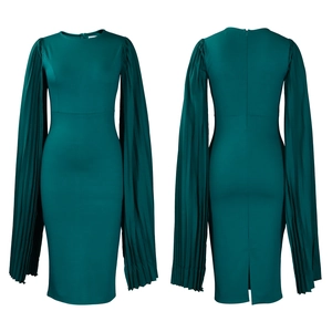 Front and back view of dark green bodycon dress with long pleated cape sleeves and back slit