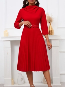 Elegant red pleated midi dress with high neck and matching belt for women's fashion