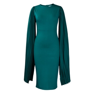 Detail of dark green evening dress featuring pleated cape sleeves and hidden back zipper