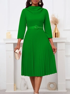 Elegant bright green long sleeve pleated dress with high neck and matching belt for women