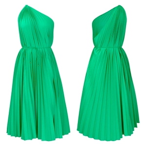Detail of green one-shoulder pleated midi dress showing fabric texture and waist tie