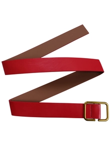 Detail of a two-tone leather belt with a red and brown finish and gold square buckle