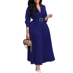 Detail of deep blue pleated maxi dress with elegant lapel V-neck and belted waistline