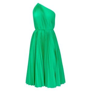 Detail of green one shoulder pleated midi dress with adjustable drawstring waist belt