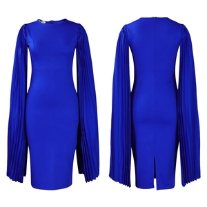 Detail of royal blue pleated long sleeves and back slit on a slim bodycon dress