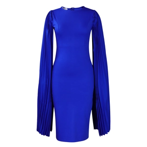 Detail of royal blue pleated cape sleeves on this elegant party evening dress