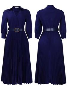 Front and back view of a dark blue V-neck pleated maxi dress with a gold buckle belt