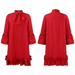 Front and back view of a red A-line mini dress with layered ruffles and a large bow tie