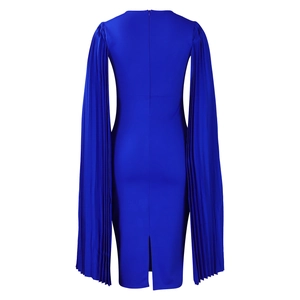 Detail of evening dress back with long pleated cape sleeves and a slit hemline