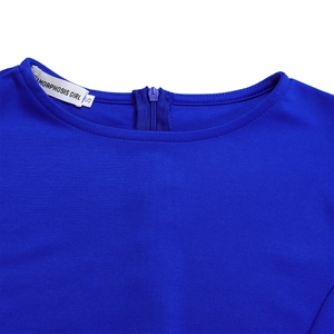 Detail of round neckline with high-quality zipper closure and brand label on blue dress