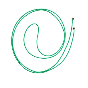 Detailed macro view of the vibrant grass green elastic cord with gold spherical metal ends