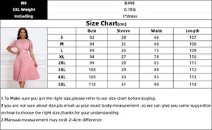 Size chart for women's pink lace pleated dress showing bust and waist measurements
