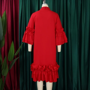 Rear view of red dress featuring layered ruffle bell sleeves and loose hem detailing