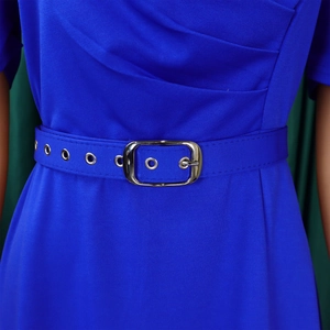 Detail of royal blue V-neck dress featuring a fabric belt with silver eyelets and buckle
