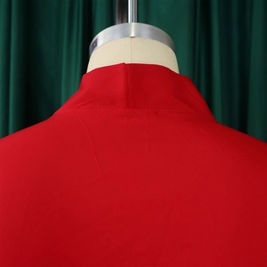 Close-up of red high-neck collar and ruffle sleeve details on summer dress