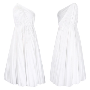 Detail of white one-shoulder pleated dress featuring a tie waist with metal decorative beads