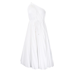 Detail of white one-shoulder pleated maxi dress with elegant drawstring waist and beads