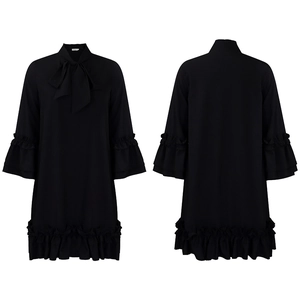 Detail of black dress with bow neckline, ruffle hem, and flared sleeves in smooth fabric