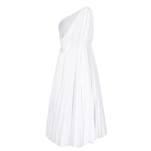 Detail view of the fine pleated fabric on a white one-shoulder A-line summer dress