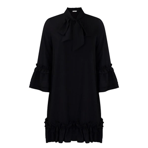 Detail of elegant black dress with bow tie neckline and ruffled bell sleeves cuffs