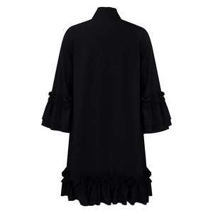 Detailed back view of a black ruffled dress with tiered bell sleeves and a high neckline