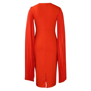 Detailed back view of red party dress featuring pleated long sleeves and a hidden zipper